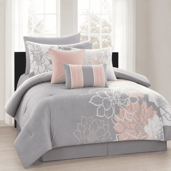 Izzovium Cotton Sateen Comforter Set Grey Peach Twin/Twin XL, Floral Printed Bedding with Skirt and Pillows