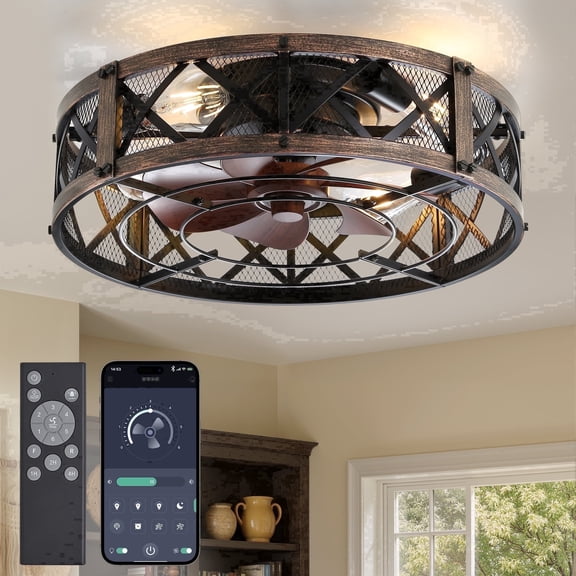 Lokivas 20in Farmhouse Low Profile Ceiling Fan with Light, App & Remote Control, 6 Speeds, Bladeless for Bedroom, Living Room, Black and Gold