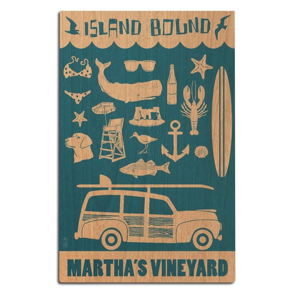 Martha's Vineyard, Massachusetts, Coastal Icons Birch Wood Wall Sign (12x18 Rustic Home Decor, Ready to Hang Art)