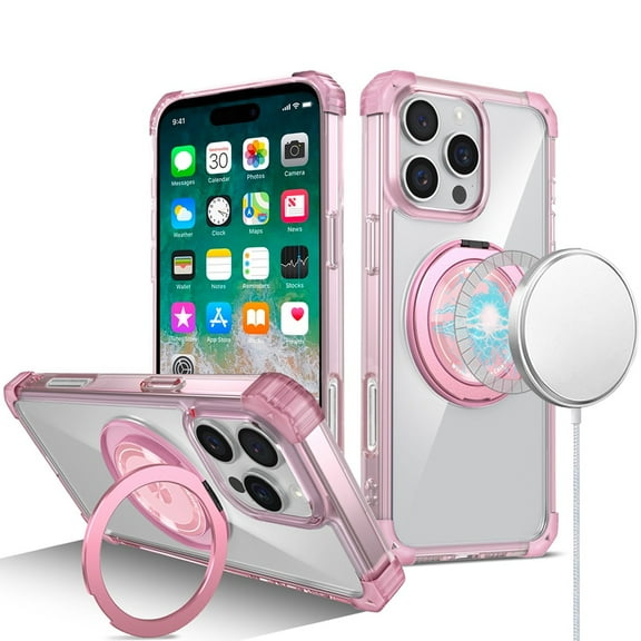 For Apple iPhone 16 Pro Max (6.9") Magnetic [Compatible with Magsafe] with 360° Rotatable Ring Holder Invisible Stand Transparent Cover ,Xpm Phone Case [ Pink ]