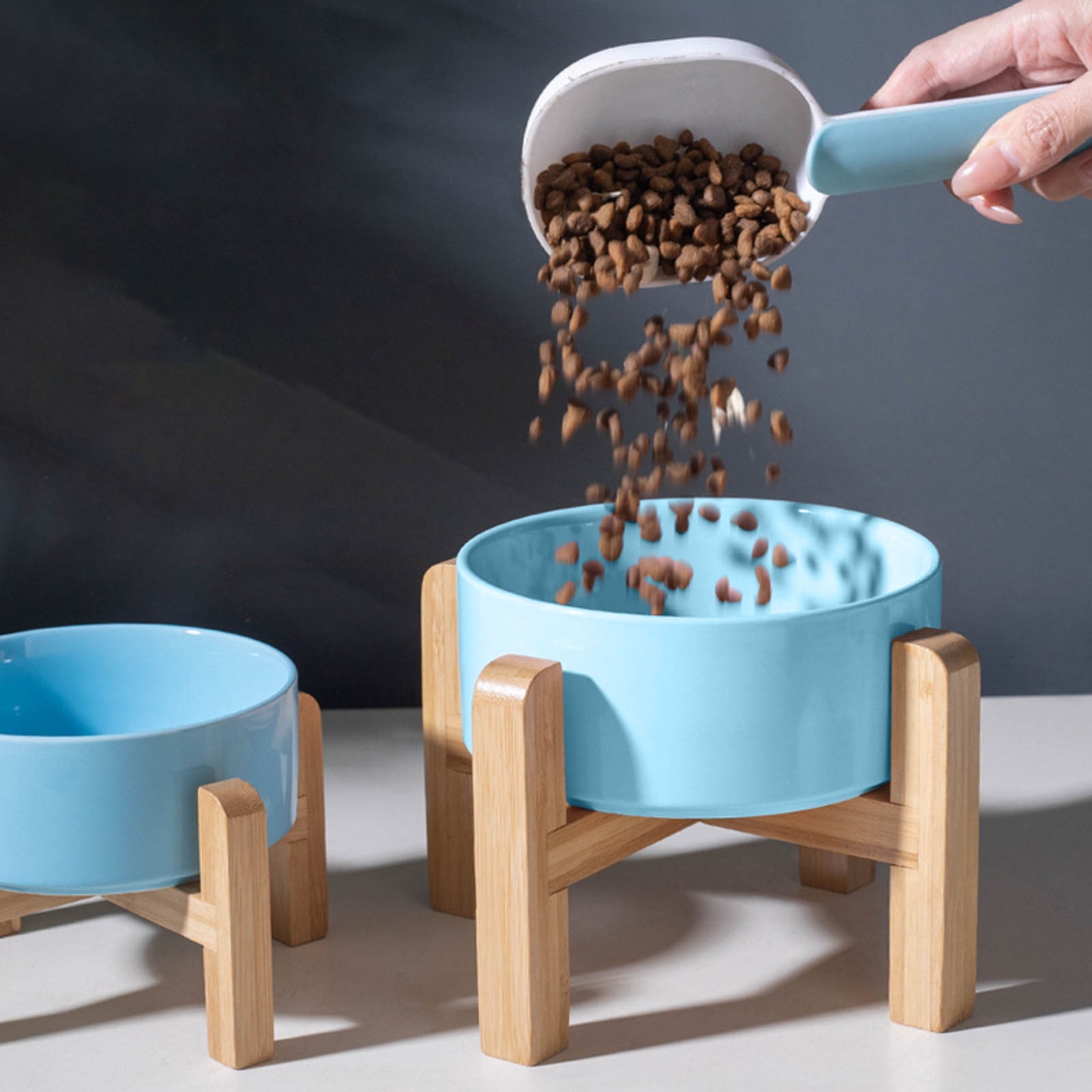 Elevated Ceramic Pet Food and Water Bowls with Vomit Tilt Design for Feeding Posture in Cats and Small Dogs