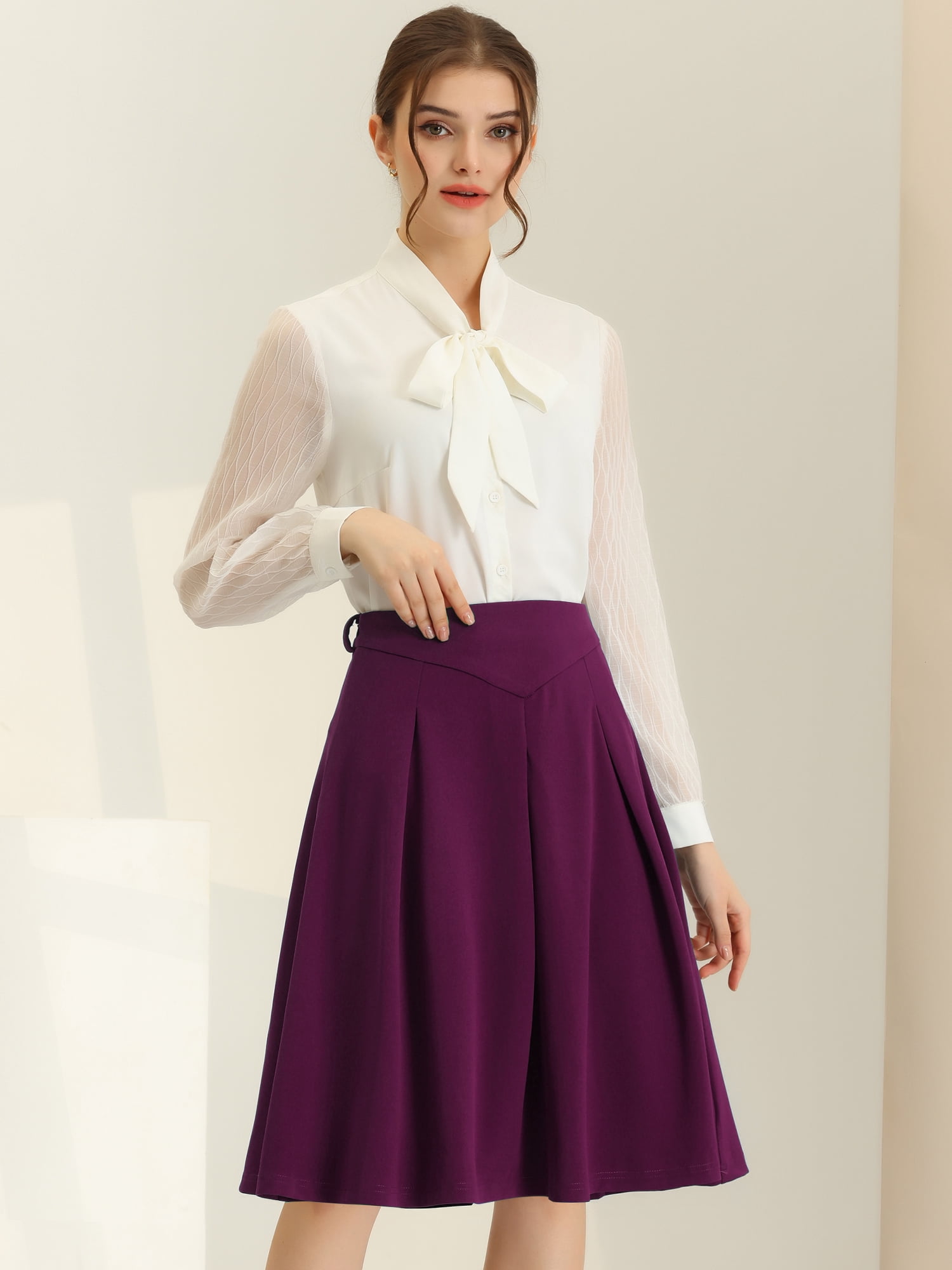 DARING DIVA Women's Casual Belted Waist Pleated Skater Short Skirts M Dark Purple