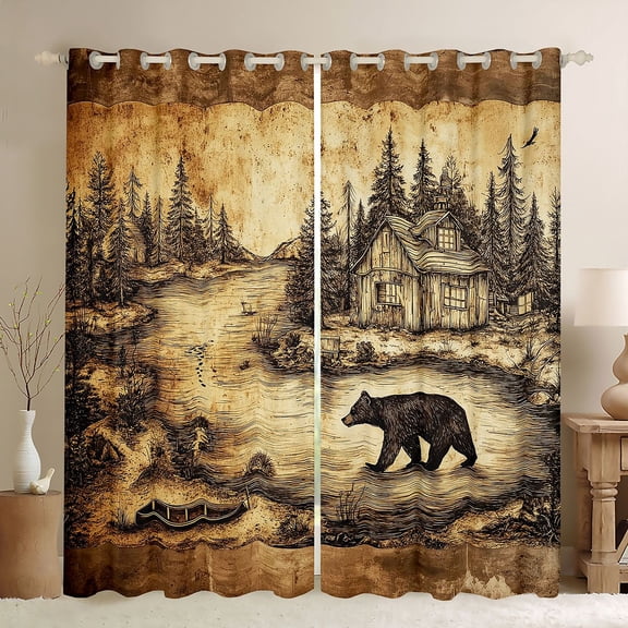 Homewish Wild Animal Bear Blackout Curtains Set of 2 (52x84 Each),Rustic Farmhouse Cabin Window Curtains,Beige Brown Curtains and Drapes For Boys Kids,Ultra Soft Home Decor