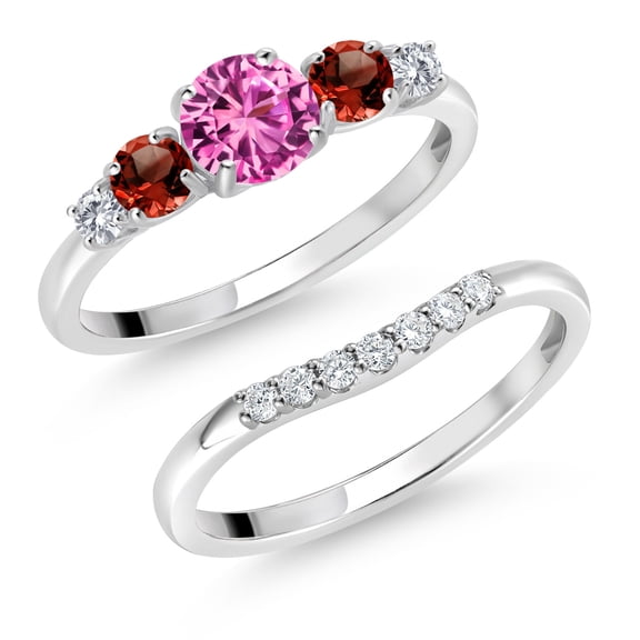 Gem Stone King 10K White Gold Pink Created Sapphire Red Garnet and White Lab Grown Diamond 5 Stone Bridal Engagement Wedding Ring Set for Women (0.96 Cttw, Round: 5MM and 3MM, Size 9)