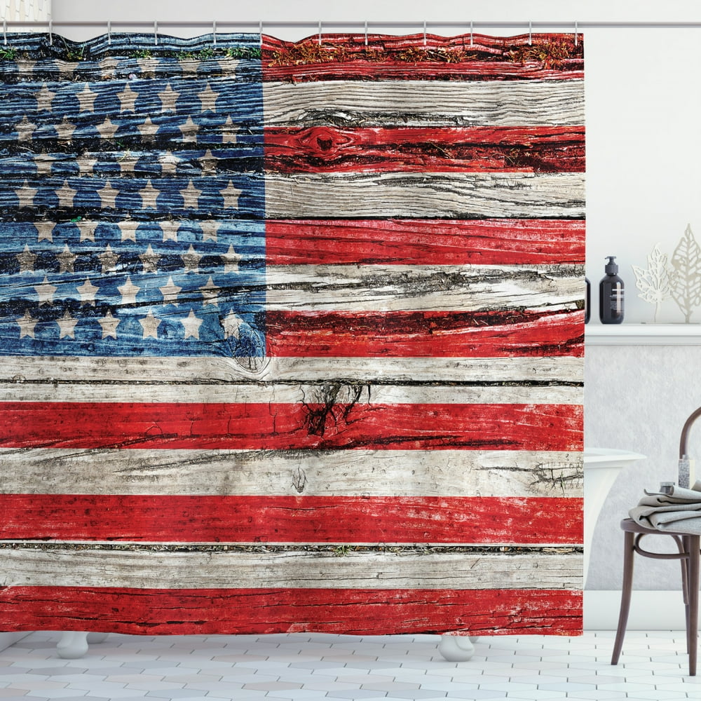 Rustic Decor American Usa Flag Shower Curtain Set, Fourth Of July
