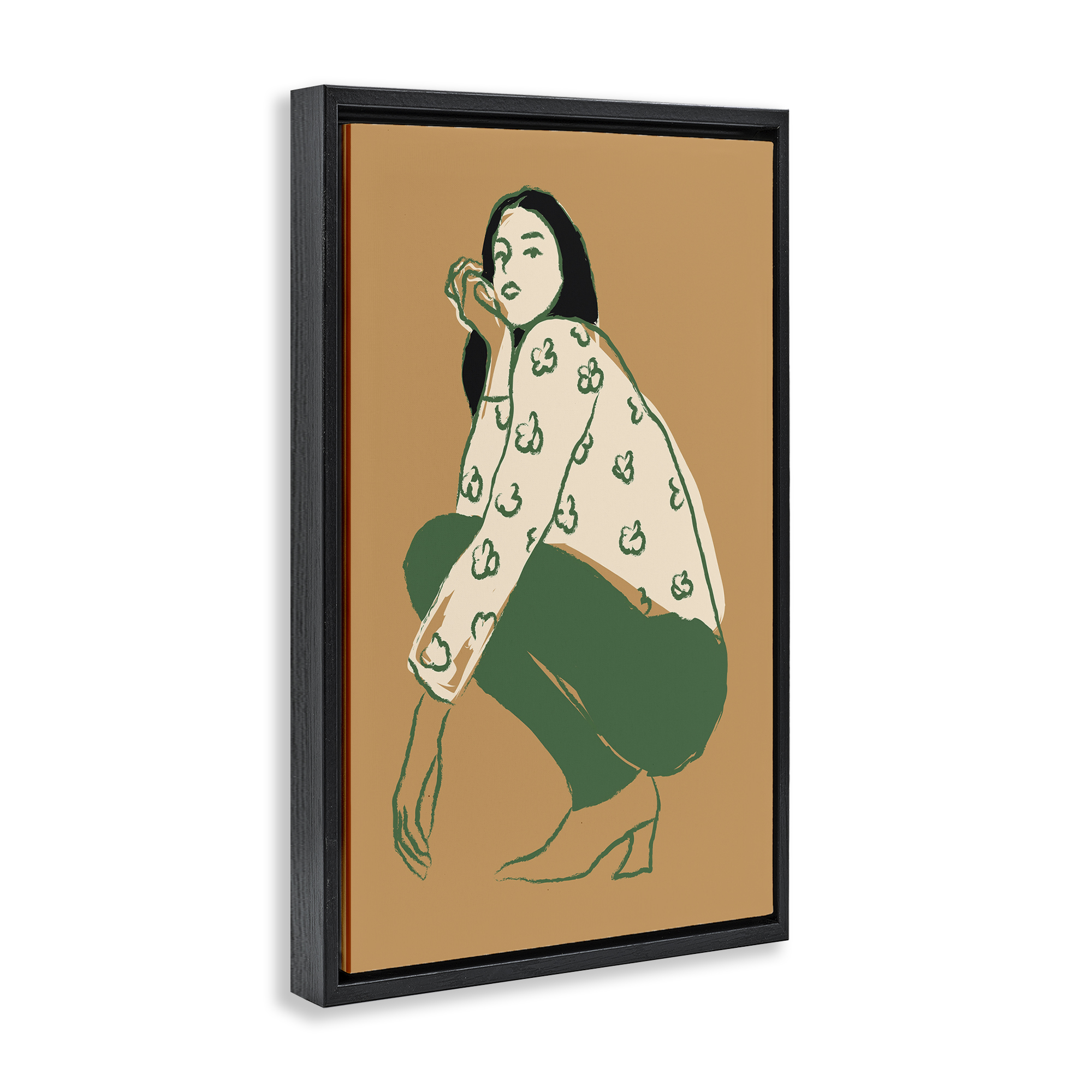 Stupell Industries Fashion Girl Kneeling Novelty Painting Black Floater Framed Art Print Wall Art, 21 x 31
