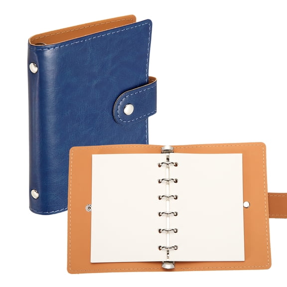 Uxcell 6 Ring Leather Binder Cover, A7 Pocket Travel Notebook Binder with Divider, Blue, Mini Refillable Loose Leaf Personal Planner with 120 Sheets Blank Paper for Meeting & Notes