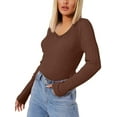 thumbnail image 2 of Inadays Women's Rib Pullover Sweater Long Sleeve Knit Tops Solid Color Winter  V Neck Sweaters (Brown, M), 2 of 4