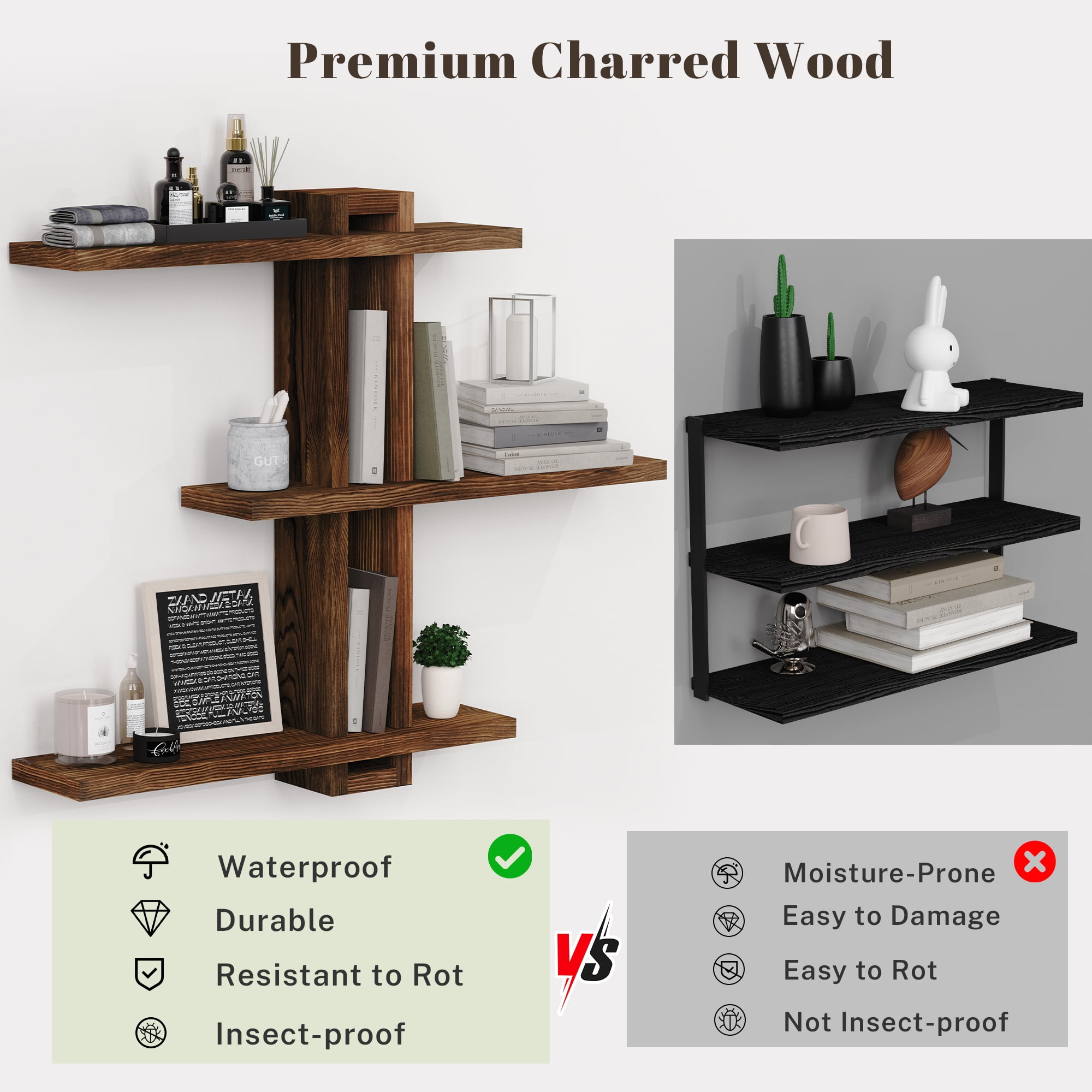 MEHOOM 3-Tier Wooden Floating Wall Shelf, Rustic Wall-Mounted Storage Shelves for Bedroom, Living Room, Farmhouse Wall Decor, 20in