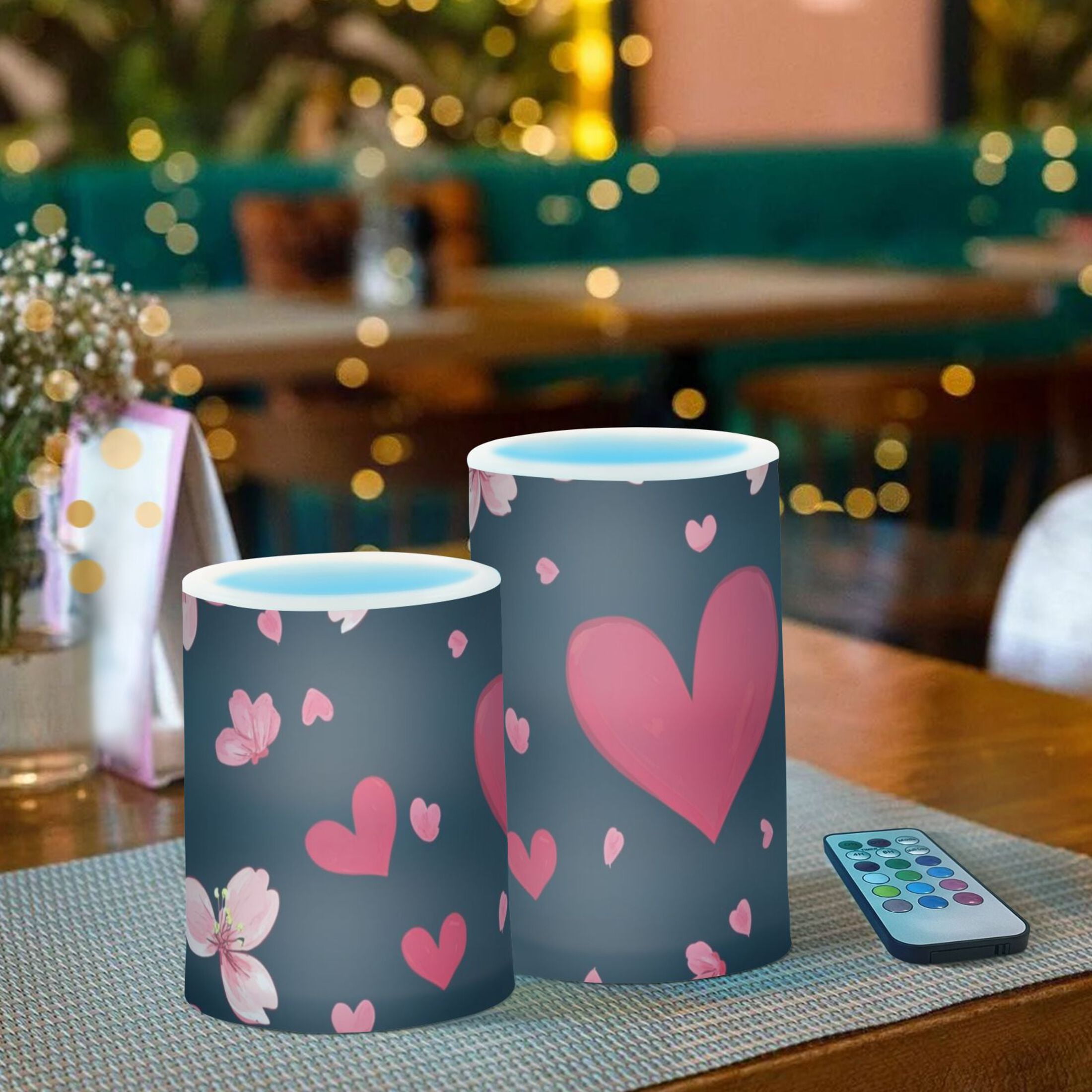 Valentine Cherry Blossom Heart Flickering Flameless Candles LED Tealight Battery Operated with Remote Set of 2 Holiday Decor Ornaments