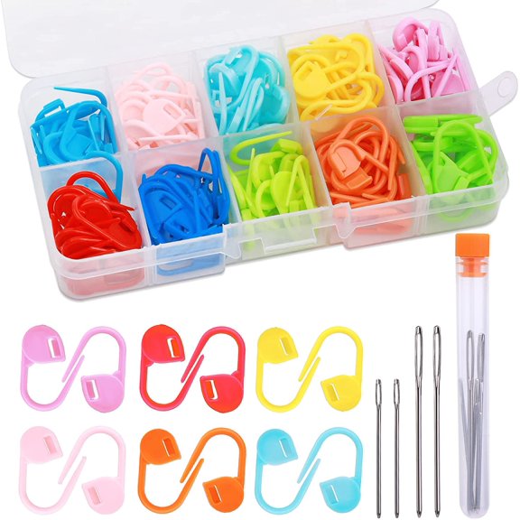 124 Pcs Stitch Markers for Crocheting, Colorful Knitting Markers Crochet Clips with 4 Pcs Big Eyes Sewing Needles, 10 Colors Stitch Locking Clip with Storage Box