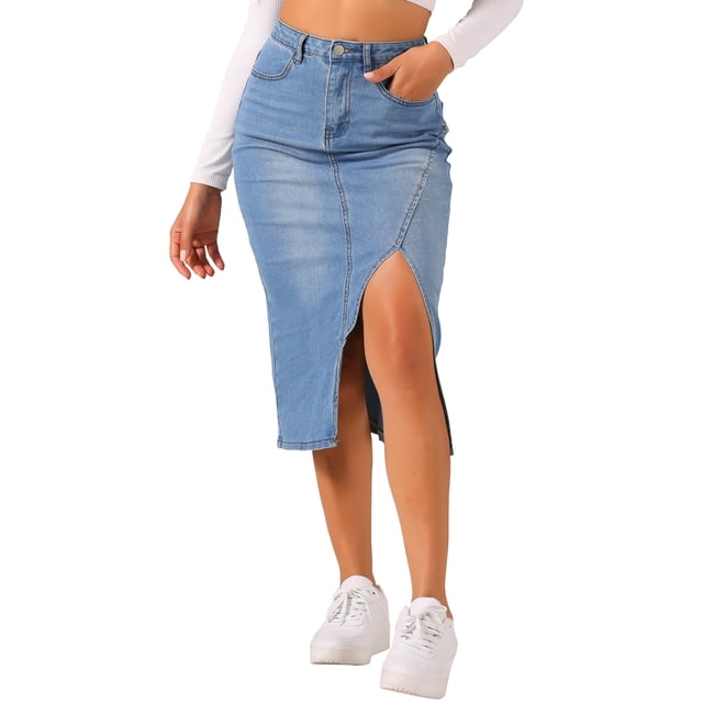 Falda de mezclilla para mujer Inspire Chic, casual, de cintura alta, con abertura frontal, hasta la rodilla, color azul claro, talla L