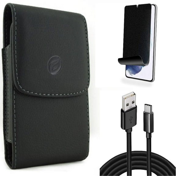 For Samsung Galaxy S21 (6.2") - Holster Leather Case Belt Clip   [Fingerprint Works] TPU Film Privacy Screen Protector   Charger Cord Type-C 10ft USB Cable