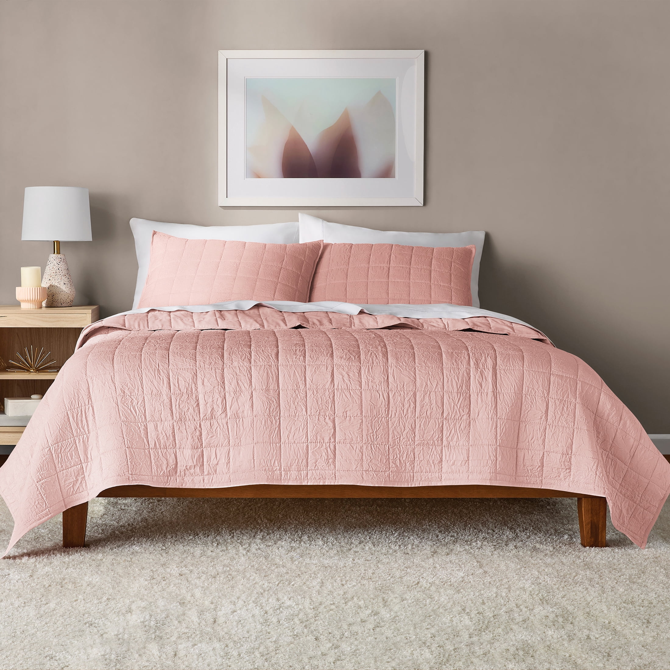 Mainstays Crinkle Quilt, Full/Queen, Pink Blush, Soft Wash Microfiber Bedding