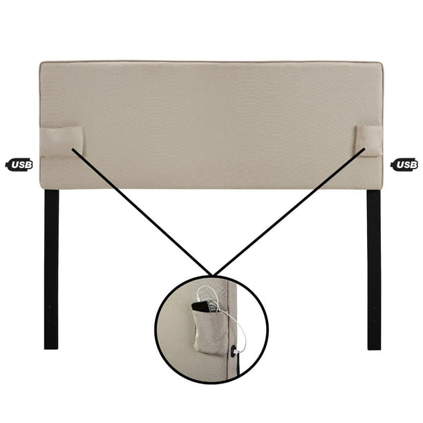 USB Panel Headboard with Storage Pockets, Full/Queen, Tan