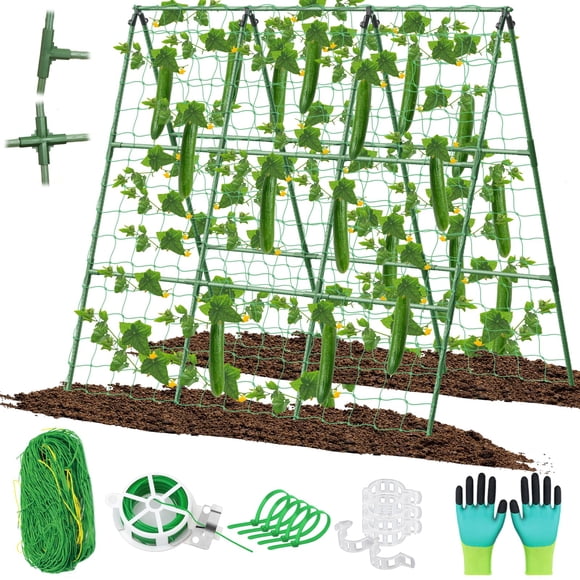 Cucumber Trellis for Raised Beds, 45 x 53 Inch Adjustable Size A-Frame Garden Trellis for Climbing Plant Outdoors with Climbing Net and Pla