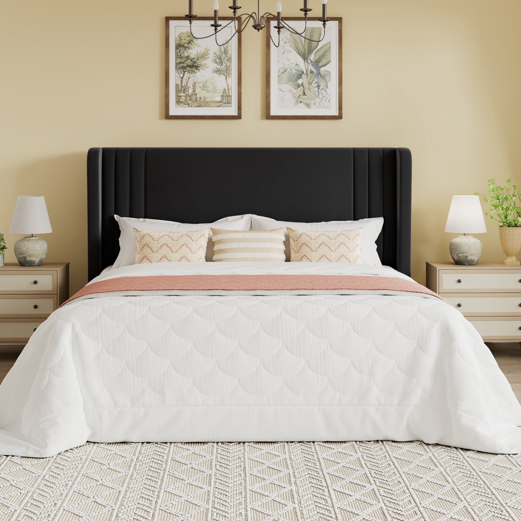SHA CERLIN Queen Size Velvet Upholstered Platform Bed Frame with Vertical Channel Tufted Wingback Headboard, Wooden Slats Support, Easy Assembly, Under Bed Storage, No Box Spring Required, Black