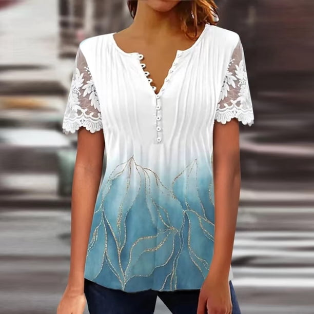 ICHUANYI Clearance Women V-neck Floral Print T- Fashion Lace Comfortable Female Blouses Tops(Blue, L) ICHUANYI WER2023080700031