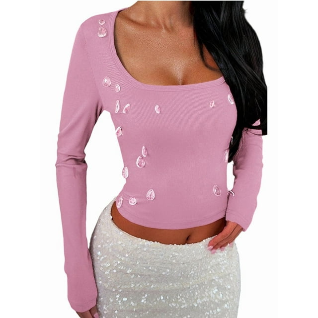 Womens Long Sleeve Shirts Crop Tops Fall Fashion Square Neck Going Out Basics Tees Y2k Clothes Pink S
