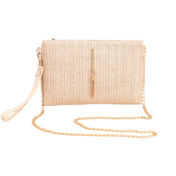LWVITH Straw Woven Crossbody Bag with Tassel Chain for Summer, Boho Rattan Clutch, Envelope Flat Purse, Zipper Closure Secure, Beige Cream Color, Beach Vacation Everyday Shoulder Bag