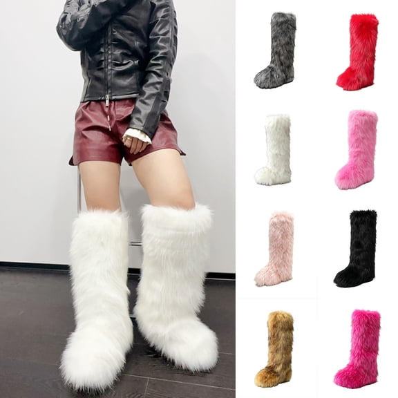 YTCAMLO Faux Fur Furry Snow Boots for Women Fashion Knee High Boots Round Toe Flat Winter Long Boots Comfortable Warm Outdoor
