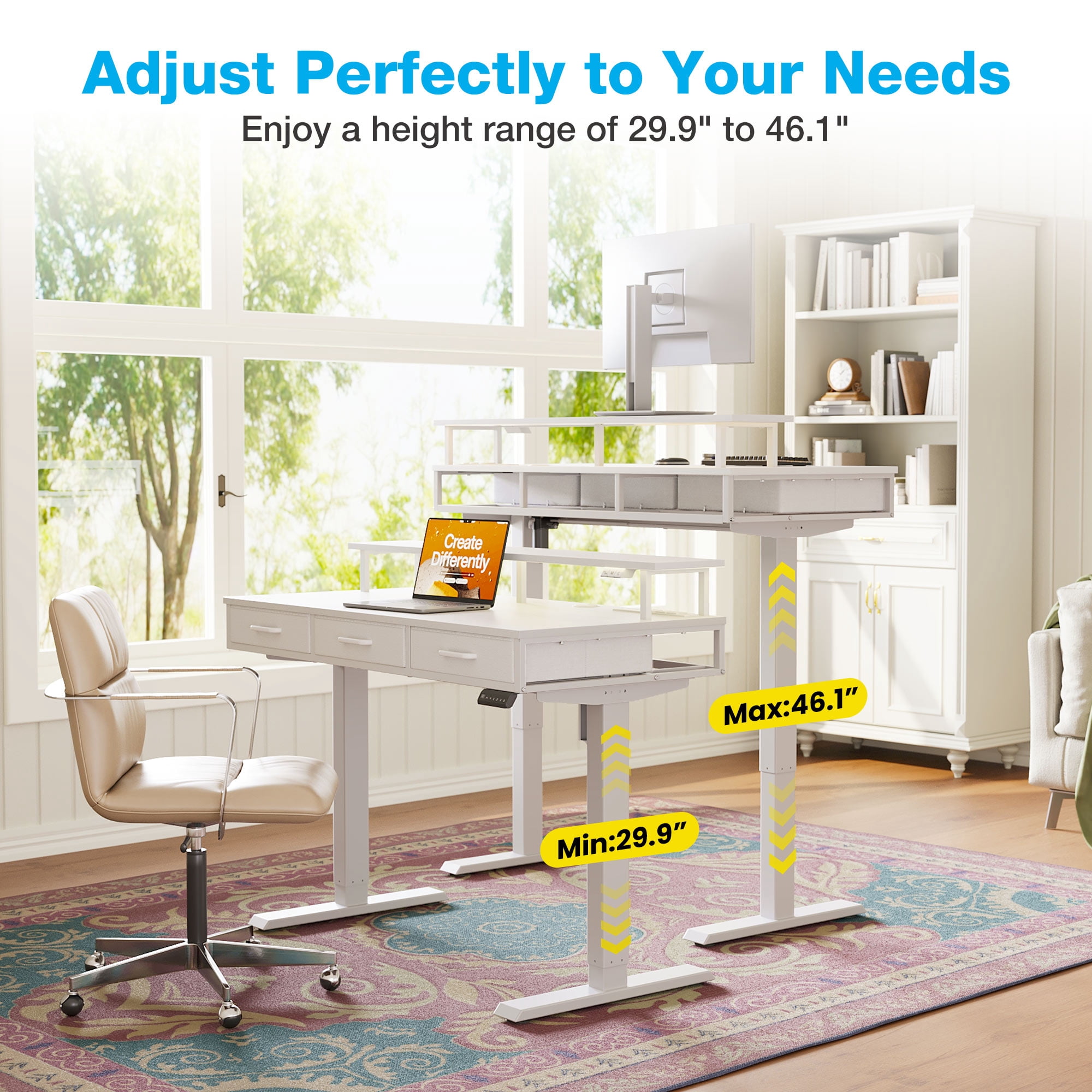 Casacomoda 48“ Electric Standing Desk with Power Outlets and LED Lights, Adjustable Height Sit Stand Desk with Monitor Shelf & 3 Fabric Drawers for Home Office, White