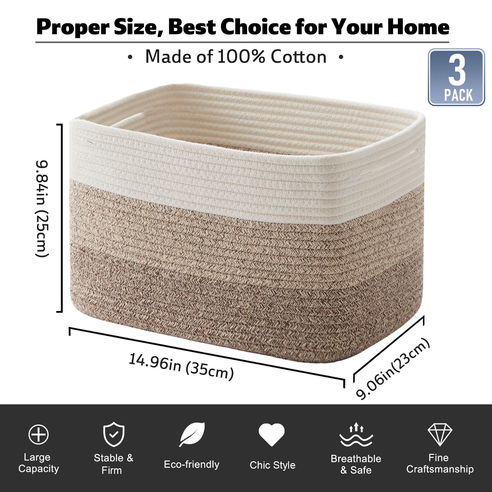 CHERISHGARD Storage Basket, Laundry Basket 3 Pieces, Woven Baskets for Storage for Toys, Towel
