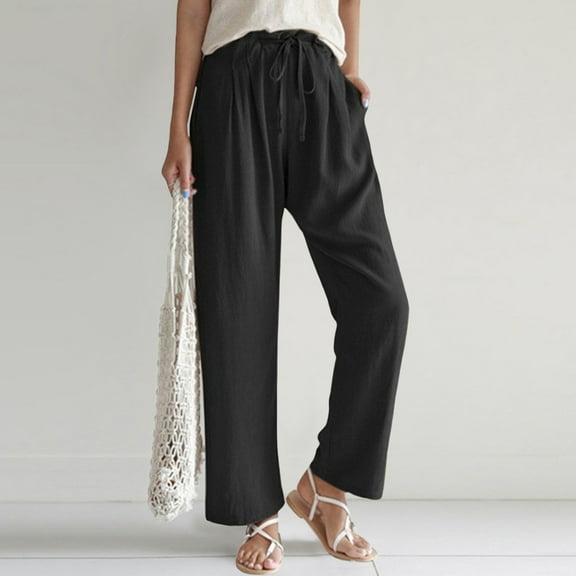 Women's Plus Black Dress Pants Women Petite Pull on High Waisted Pants for Women 2025 Linen Drawstring Pants Summer Lightweight Straight Leg Baggy Pants Pants