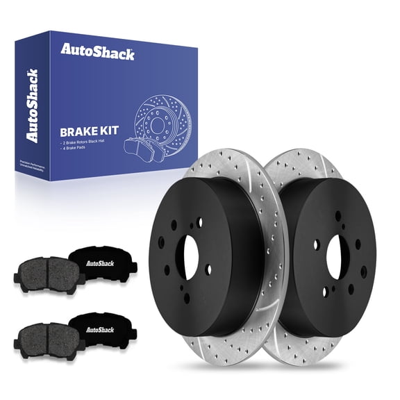 AutoShack 12.17" (309 mm) Rear Solid Drilled & Slotted Brake Rotors E-Coated   Premium Ceramic Brake Pads | Replacement for 2014 Toyota Highlander | 6-PC Brake Kit | ShadowGuard