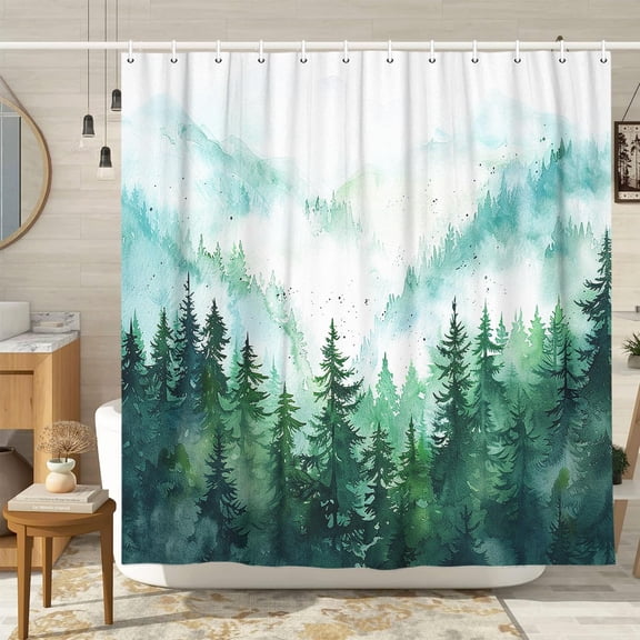 Grey Misty Forest Shower Curtain Nature Scene Shower Curtains for Bathroom with Mountains Trees, Cloth Fabric Bathroom Decor Set with Hooks Rustic Cabin Woodland Shower Curtain 72 X 72in Ombre Grey