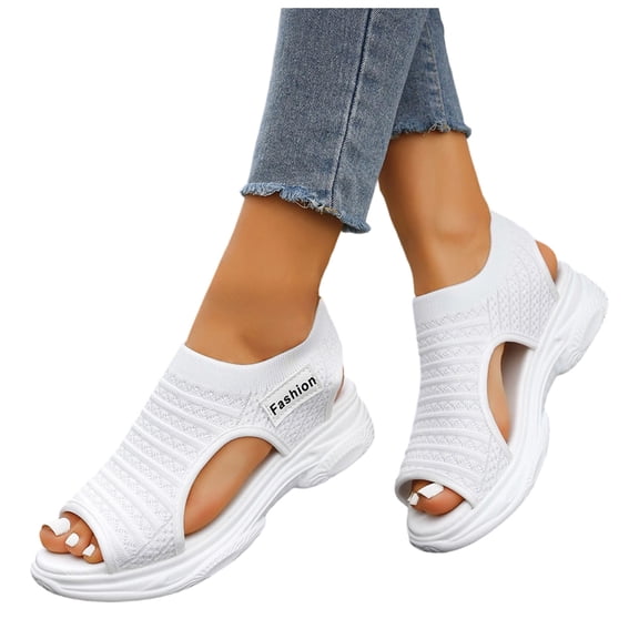 Women's Knit Wedge Sandals Breathable Slip On Open Toe Platform Sneakers Casual Lightweight Mesh Walking Shoes White Size 7.5