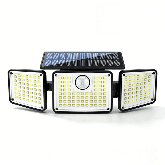 BanBers 164 LED solar outdoor lights, three-head human-sensing lights, 270° wide-angle, IP65, with remote control function. Suitable for courtyards, patios, garages, gardens, holiday walkway lighting