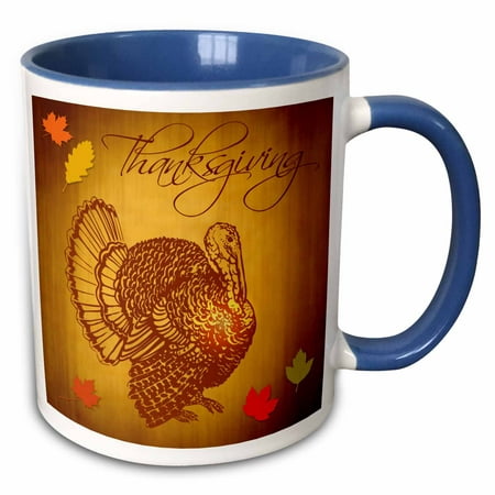 3dRose Thanksgiving Turkey and Fall Leaves - Two Tone Blue Mug,