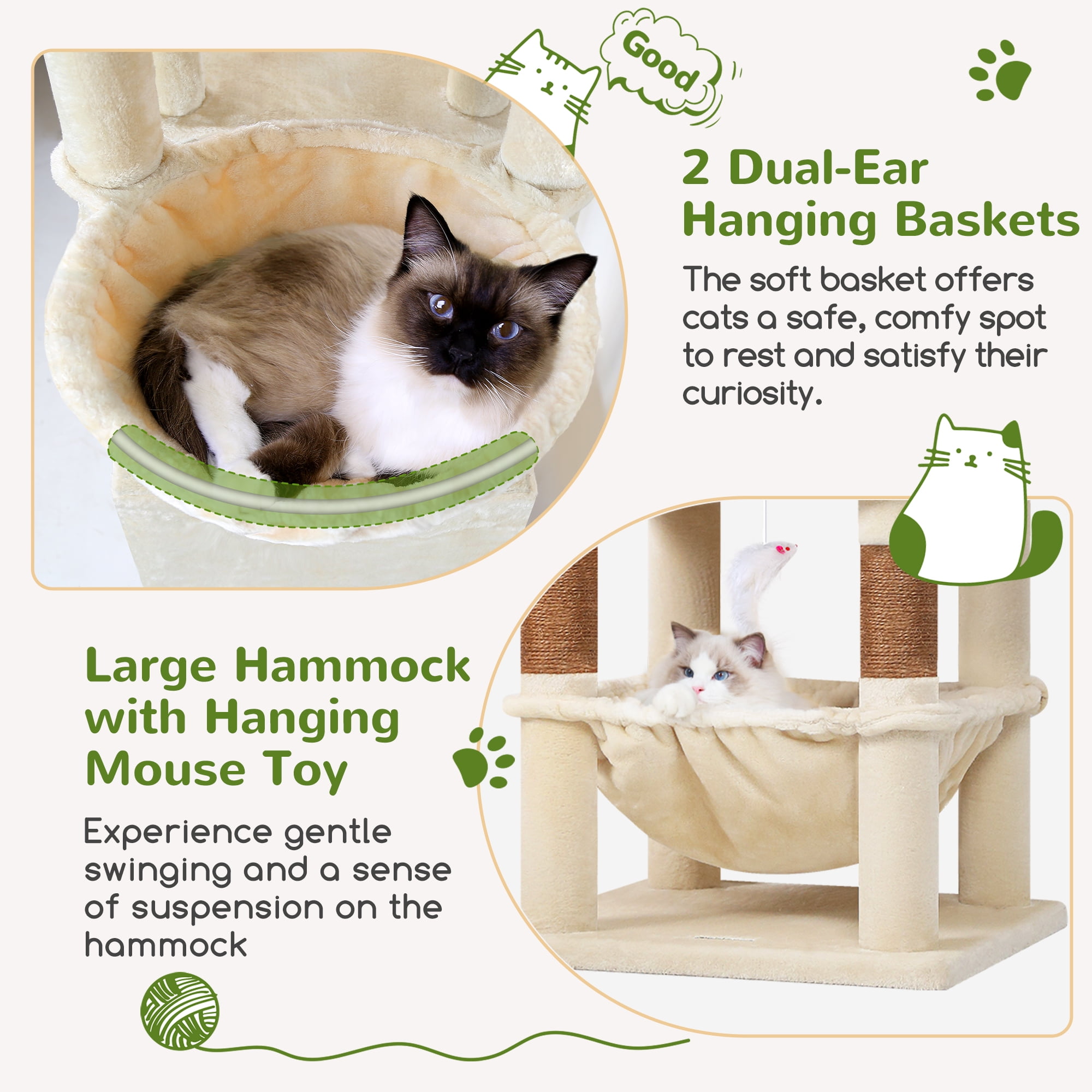 Globlazer 68" Large Corner Cat Tree Tower Condo for Cats with 6 Sisal Scratching Posts, 2 Condos, Hammock & Hanging Basket, Beige
