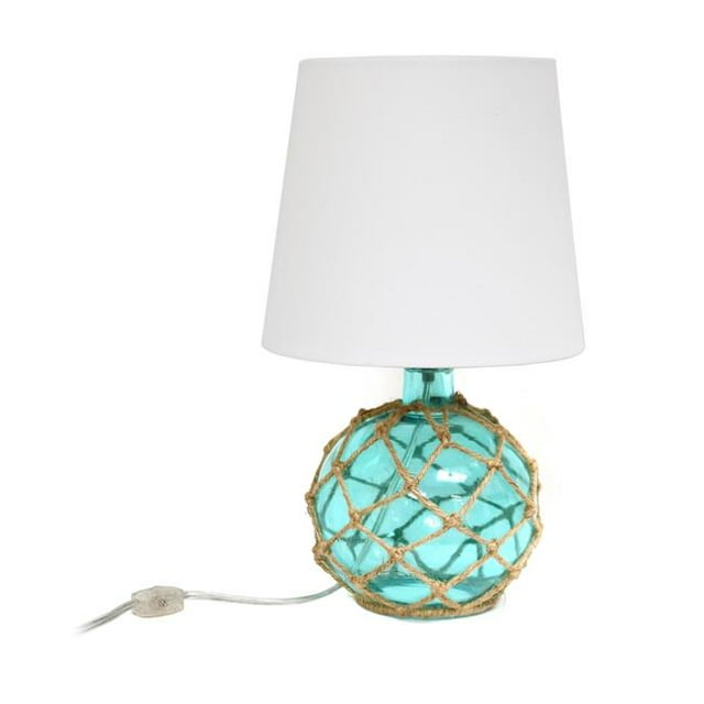 Buoy Rope Nautical Netted Coastal Ocean Sea Glass Table Lamp with White Fabric Shade, Aqua