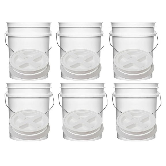 6-Pack WHITE Food Grade 5-Gallon Buckets & Gamma Seal® Lids, BPA-Free, Airtight Storage