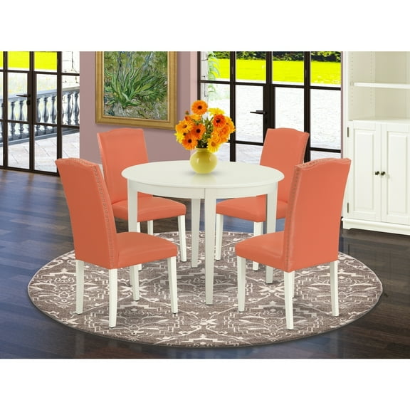 Round Kitchen Table Set 5pc - Pink Flamingo & Linen White - Dining Table & 4 Chairs - Modern Asian Design