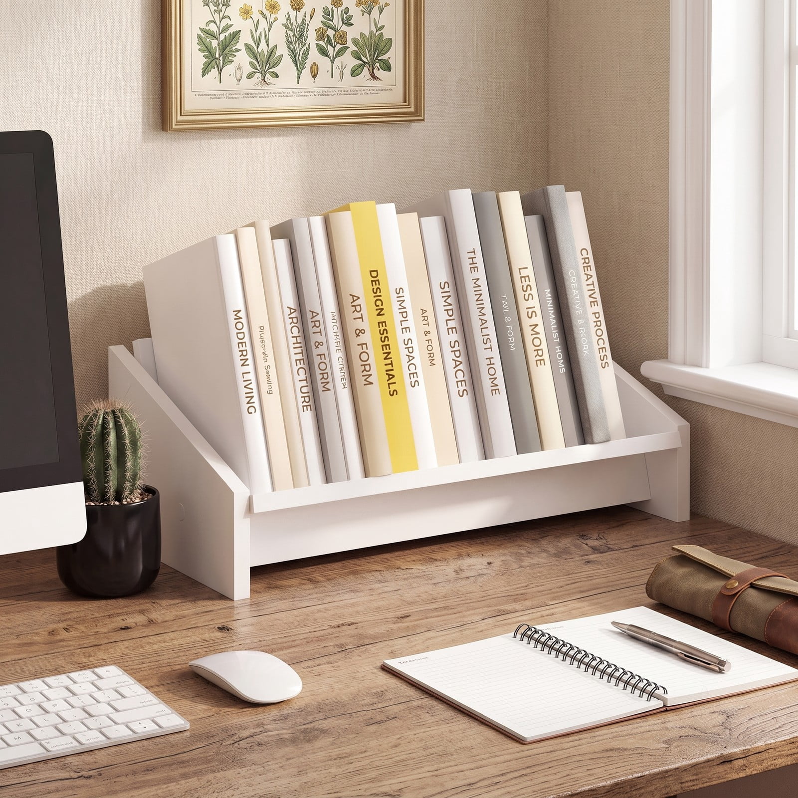 Furnibear Wooden Tilting Desktop Bookshelf, Small Tabletop Book Organizer Storage Rack for Magazines Vinyl Records Cookbooks, Space-Saving Wood Bookcase for, White