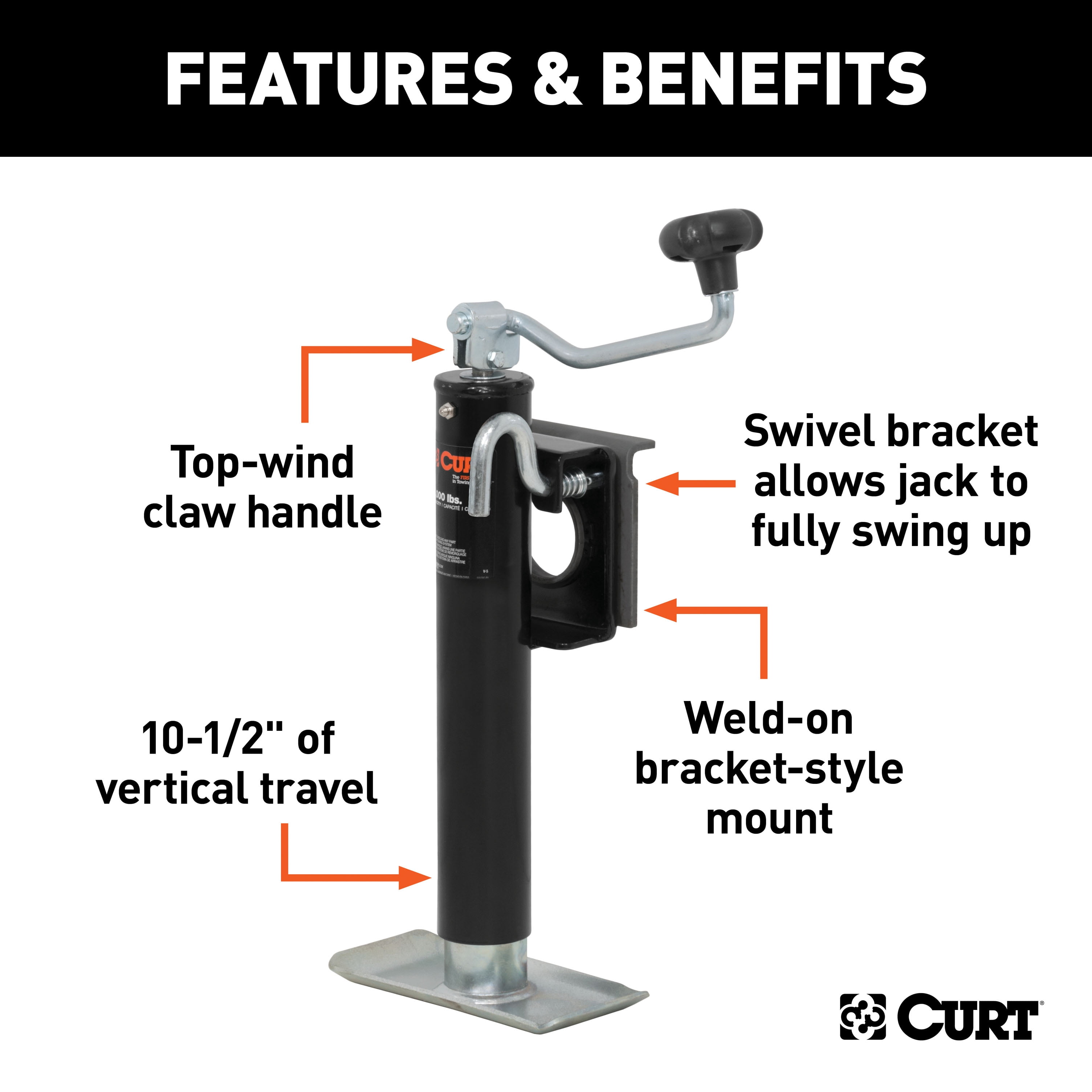 CURT 28300 Weld-On Bracket-Style Swivel Trailer Jack, 2,000 lbs. 10-1/2 Inches Vertical Travel
