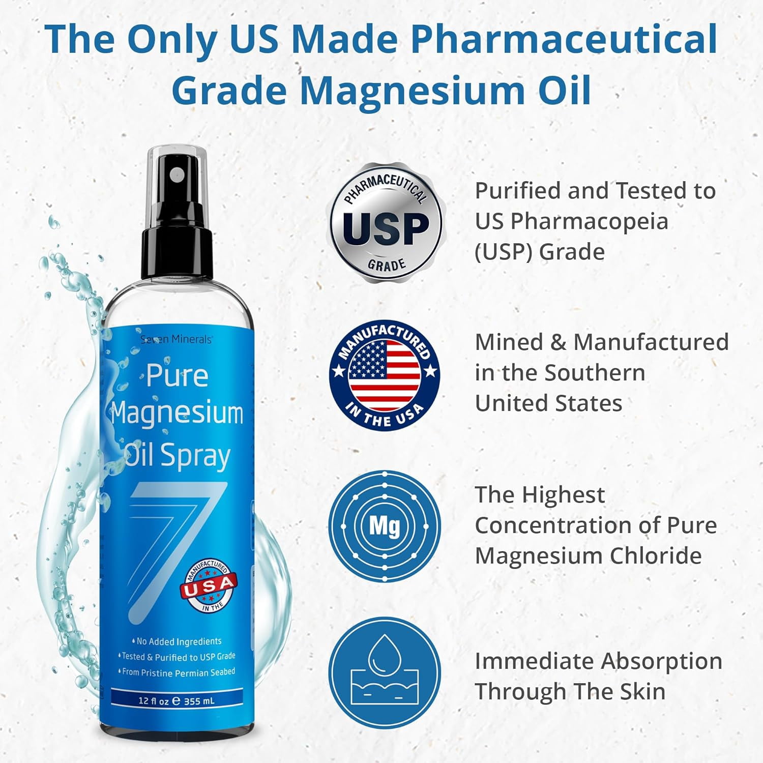 Seven Minerals 100% Pure, USP Grade Magnesium Oil Spray, Big 12 oz Topical Spray (Long-Lasting Use)