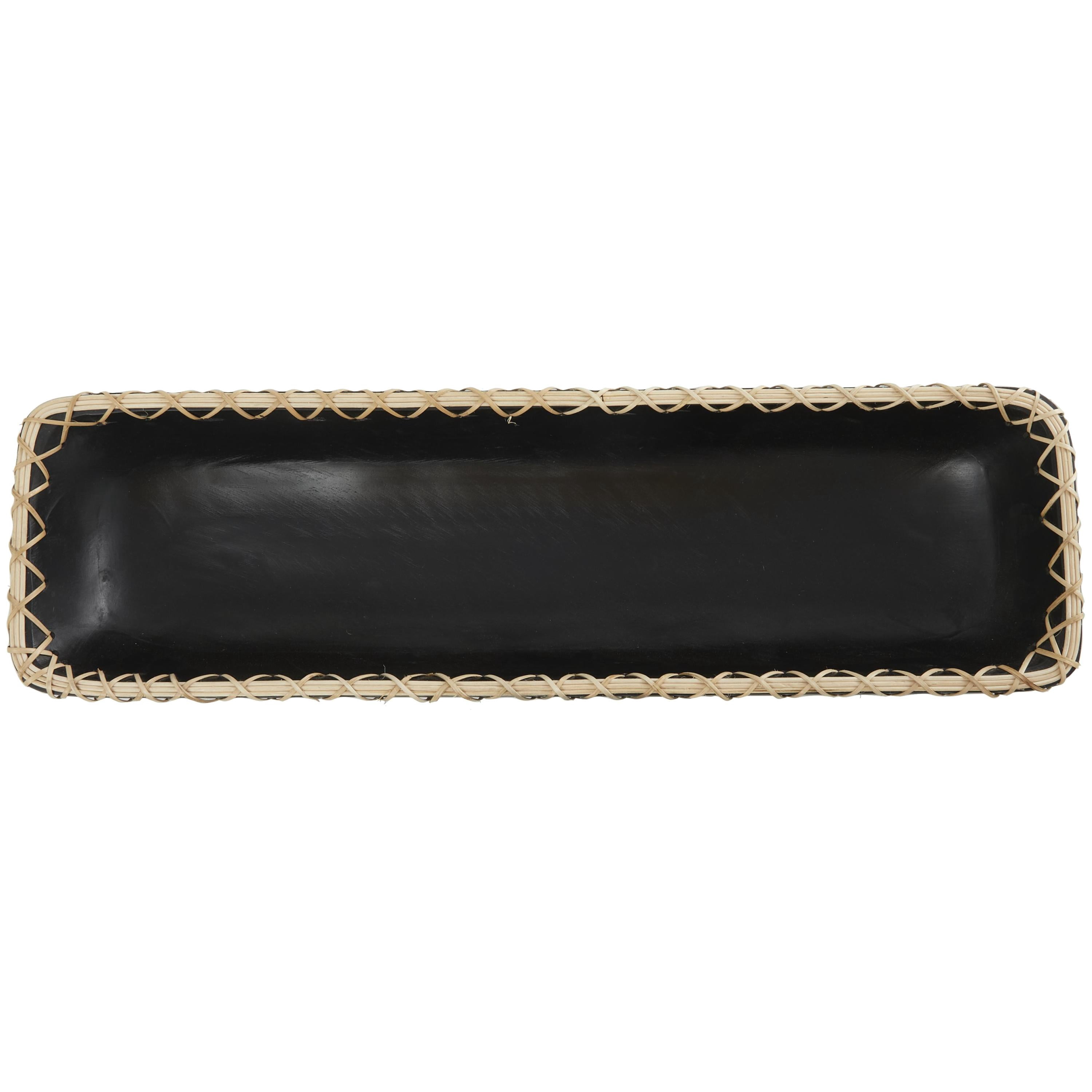 DecMode 24" x 7" Black Mango Wood Handmade Nesting Tray with Hand Sewn Seagrass Accents, 1-Piece