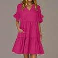 thumbnail image 3 of NXMZXB Womens Summer Dresses 2025 Trendy Ruffle Short Sleeve V Neck A Line Tiered Beach Sundress Loose Flowy Casual Mini Dress with Pockets Hot Pink M, 3 of 8