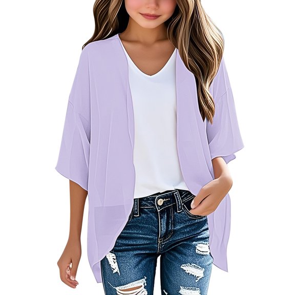Mercatoo Teen Girls Chiffon Kimono Cardigan 3/4 Batwing Sleeve Cover Up Kids Solid Color Loose Casual Blouse Youth Girls Stylish Soft Fall Shirts