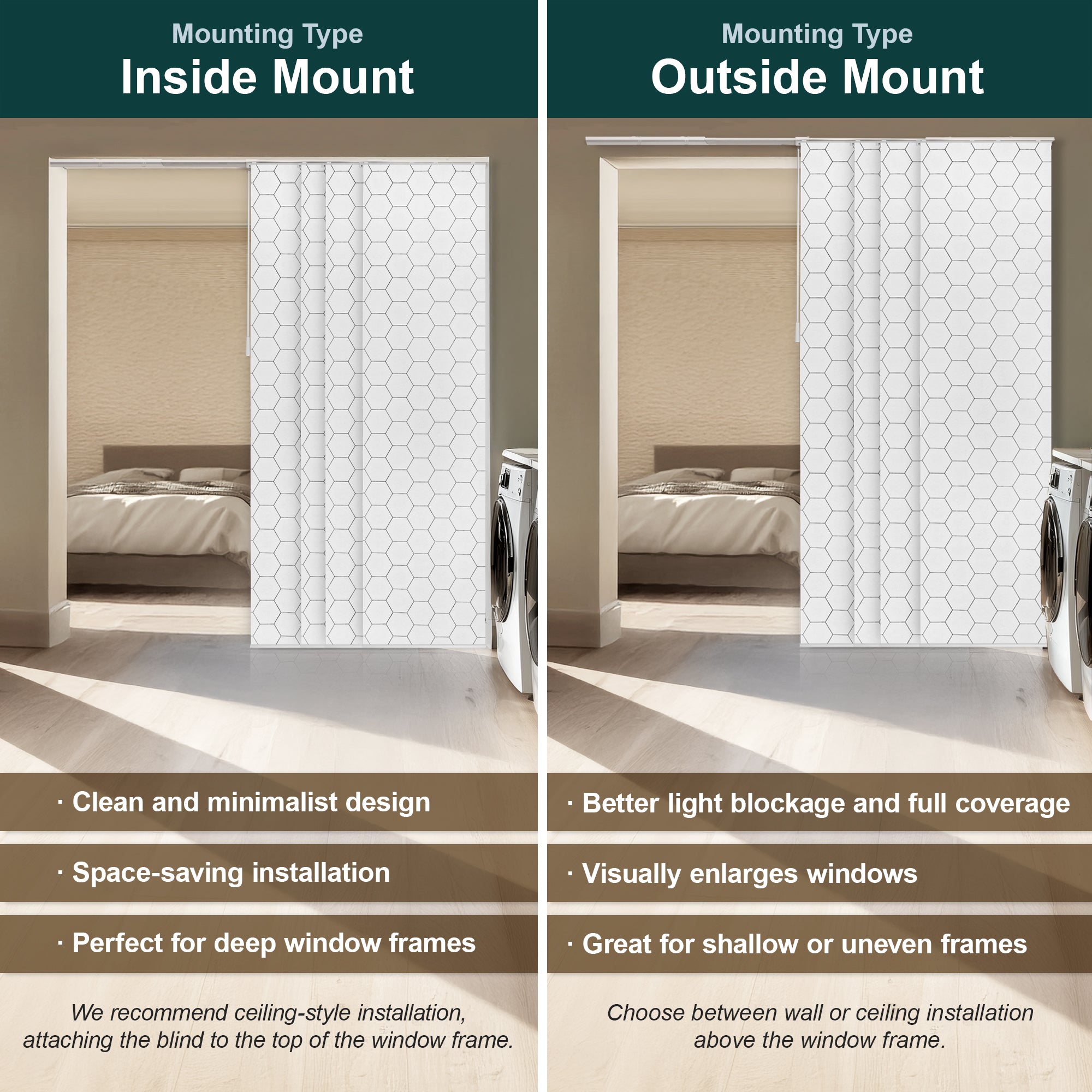 Chicology Adjustable Sliding Panel Blinds. Hexagon, 46"-86"W X 0"-96"H