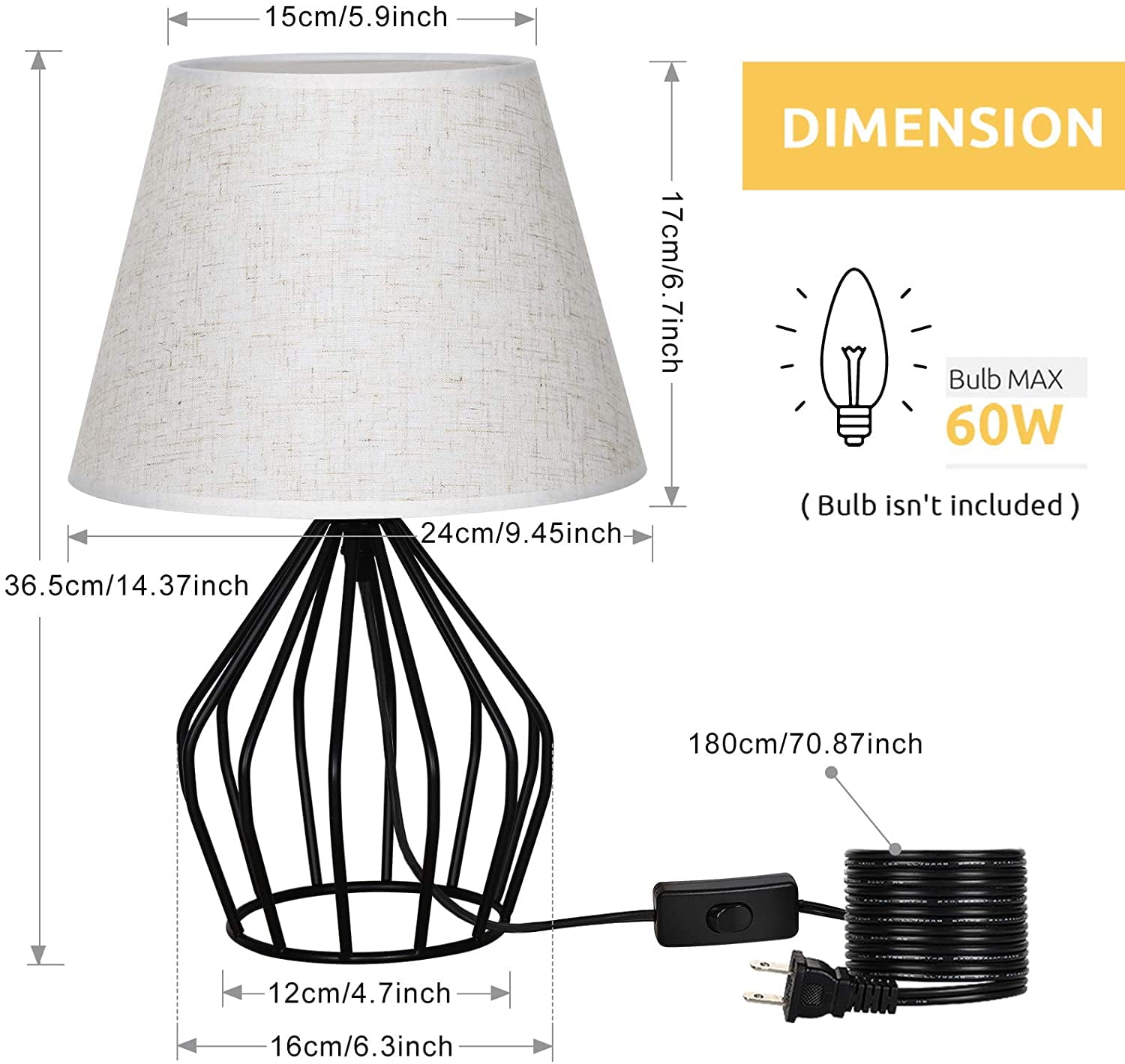 Oumilen Black Nightstand Lamp with Metal Hollow Base White Shade