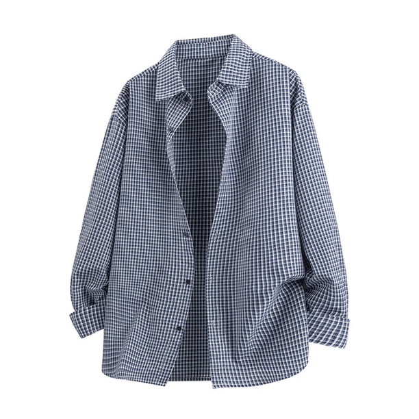 Ceisia Men's Oversize Turn-Down Collar Small-Check Polyester Long-Sleeve Shirt Gift