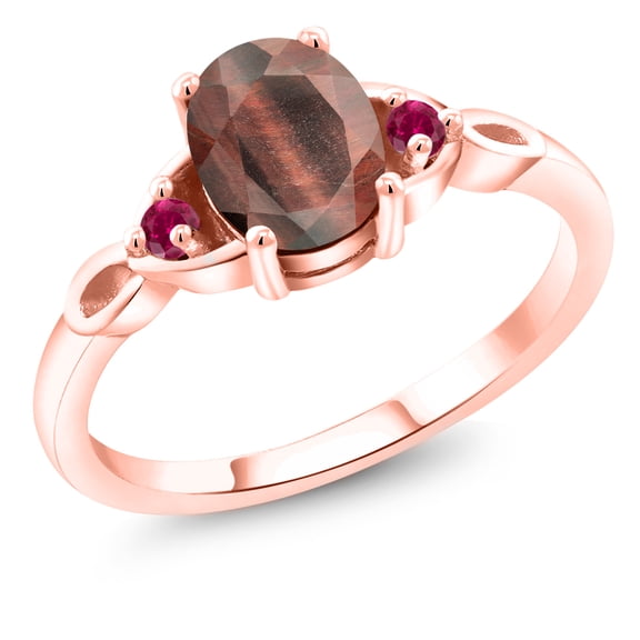 Gem Stone King 18K Rose Gold Plated Silver Red Tiger Eye and Red Created Ruby 3-Stone Rings for Women (1.35 Cttw, Gemstone, Oval 8X6MM, Size 7)