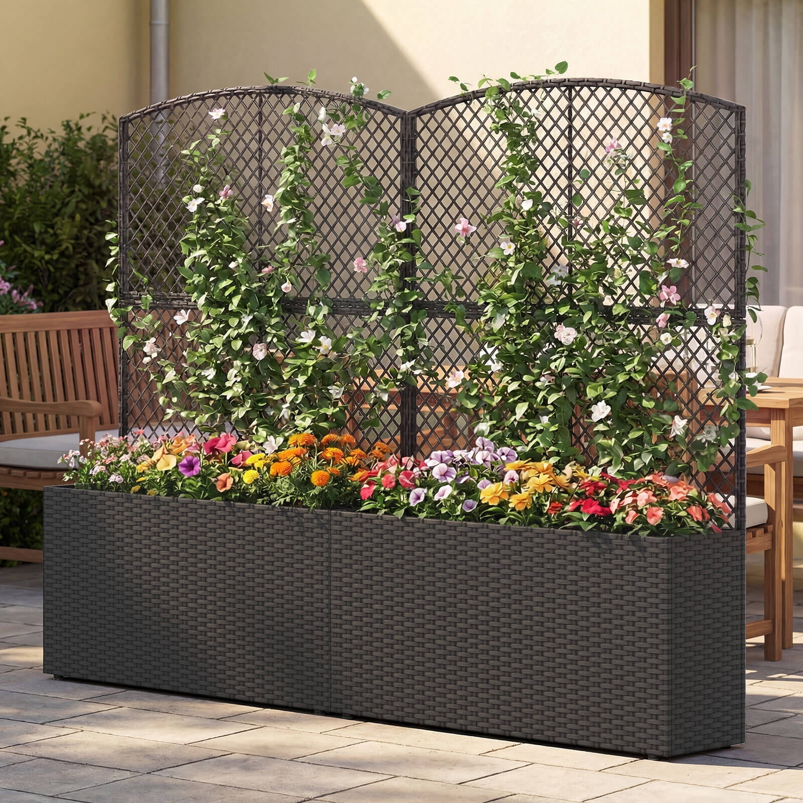 Costway 1 PCS 58” Raised Garden Bed with Trellis, Wicker Planter Box with Privacy Screen Black