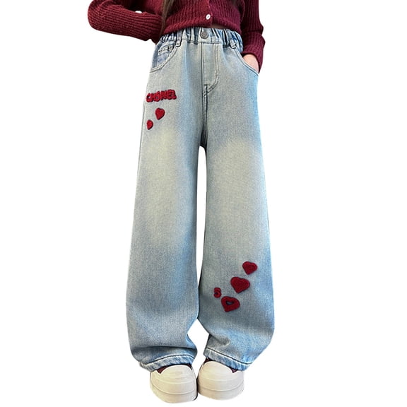 Generic Tween Girls Jeans Wide Leg Baggy Loose Denim Pants Heart Embroidery Y2K Elastic Waist Trousers Kids Streetwear Dance Washed