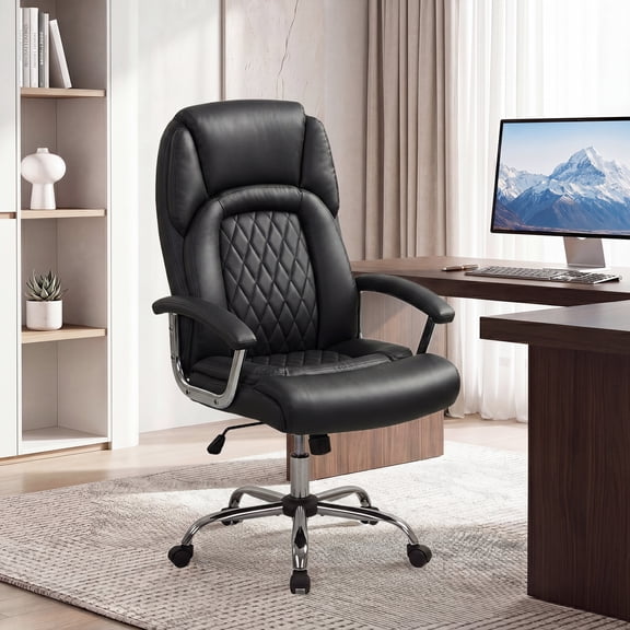 Gymax Upholstered Leather Office Chair Ergonomic Executive Chair w/ Padded Armrests & Rocking Backrest Height Adjustable Computer Desk Chair